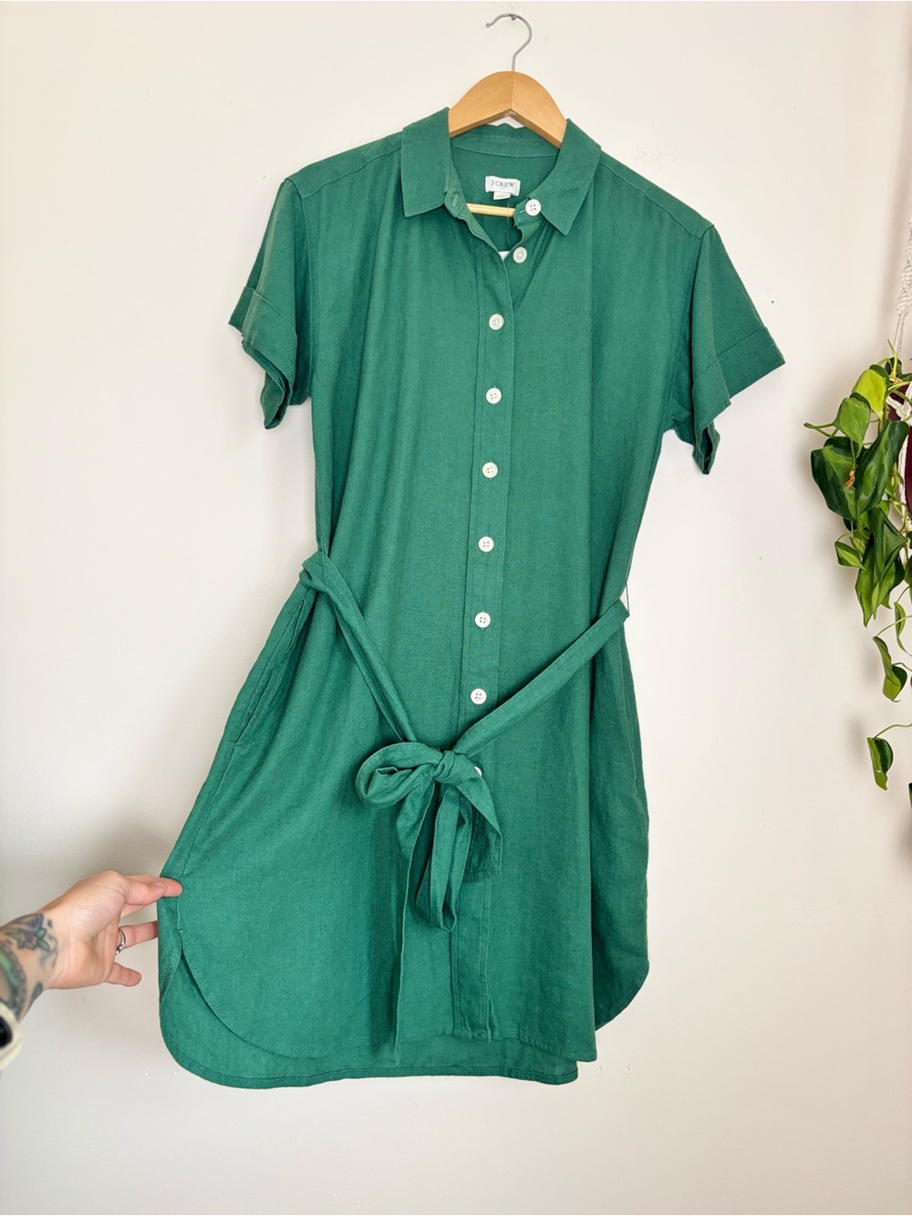 J.Crew Linen-Blend Belted Mini Shirtdress In Kelly Green - Picture 3 of 8